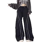 Chmnigma Cargo Sweatpants for Women Teen Girls Baggy Low Rise Wide Leg Pants Elastic Waist Track Pants with Pockets