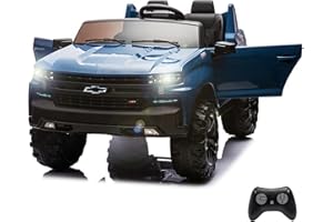 Petyee 2-Seater Ride on Truck Car 24v Chevrolet Silverado Kids Electric Vehicle Battery Powered with Remote Control, LED Lights, MP3, Bluetooth, 2 Doors Open, Blue
