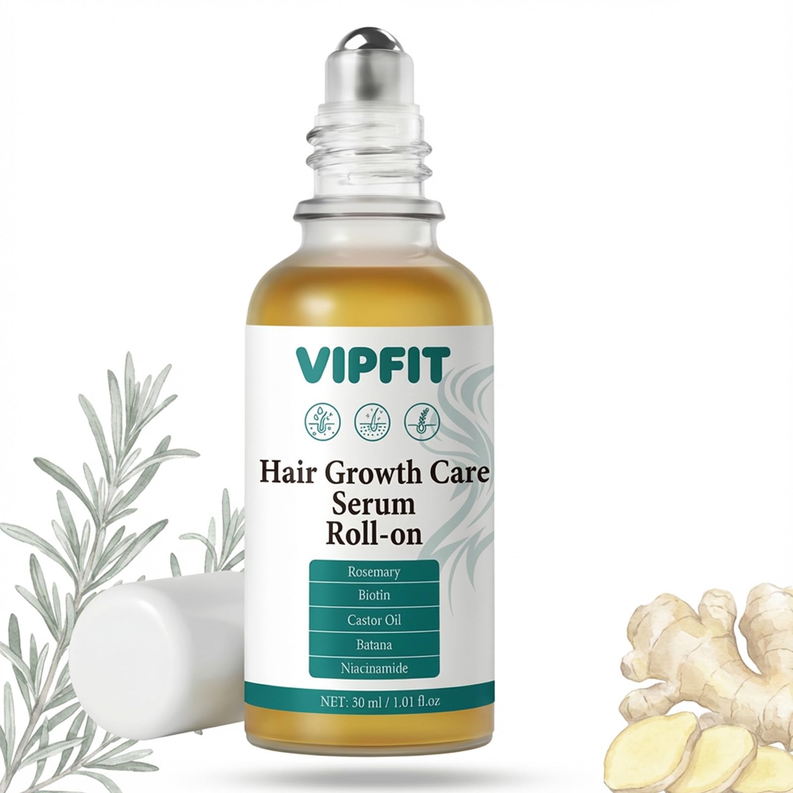 VIPFIT Hair Growth Care Serum Roll-On with Rosemary, Niacinamide, Ginger, batana & Castor Oil, Nourishes Scalp for Thicker-Looking, Vibrant Hair, Light Camellia Scent, 30ml/1.01 fl.oz