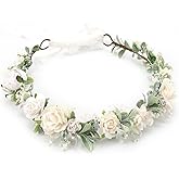 PoshMyra Greenery Flower Crown for Girls White Floral Holo Hair Headpiece Bridal Wreath Bridemaid Crown Rustic Wedding Garland Photo Prop Headband for Child