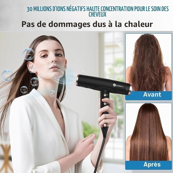 Sèche-cheveux ionique, 110 000 tr/min, moteur sans balais, séchage rapide, avec diffuseur magnétique, faible bruit/technologie biocéramique, pour la maison, les voyages, le salon (noir mat)