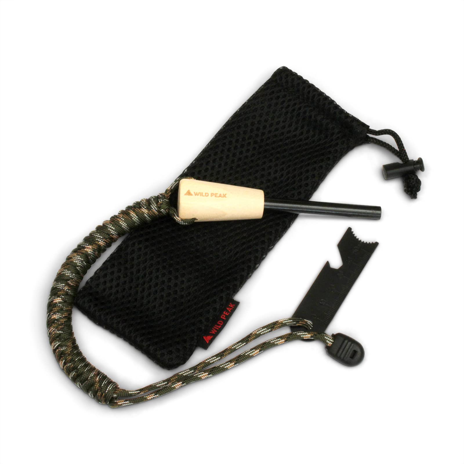 Wild Peak Premium Fire Steel with Paracord Strap & Carry Bag - Quality Ferro Rod Fire Starter with over 2m of Military Grade 550 Parachute Cord for Survival & Bushcraft from (Green Camo)