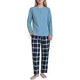 Latuza Women's Petite Pajama Set Petite Length Henley Shirt Flannel Pants