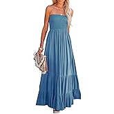 R.Vivimos Womens Summer Cotton Strapless Elastic Smocked Boho Beach Casual Flowy Maxi Tube Dresses