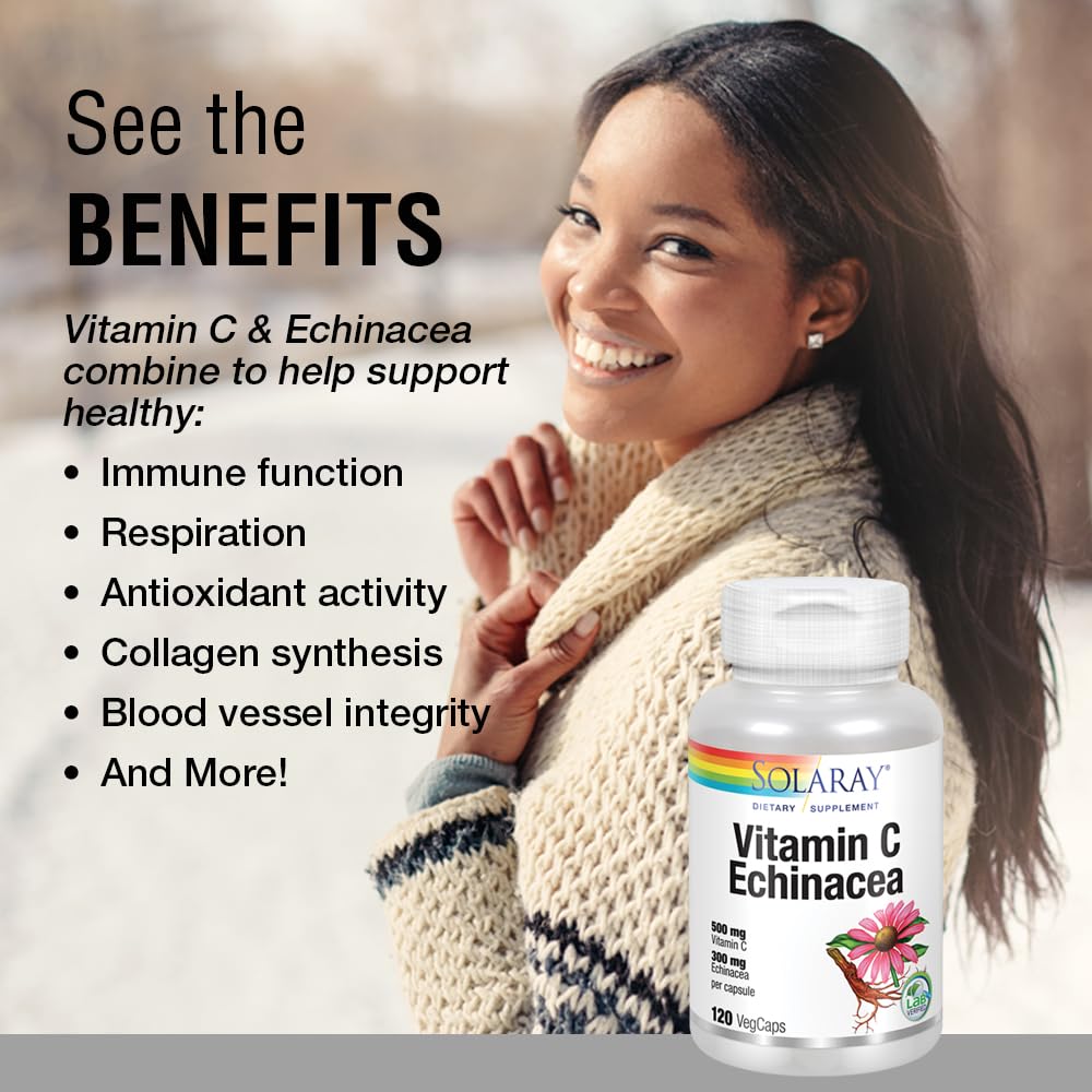 SOLARAY Vitamin C & Echinacea Root | Healthy Immune System Support w/ 500 mg VIT C & 300 mg Echinacea Per Capsule | Non-GMO & Vegan | 120 VegCaps