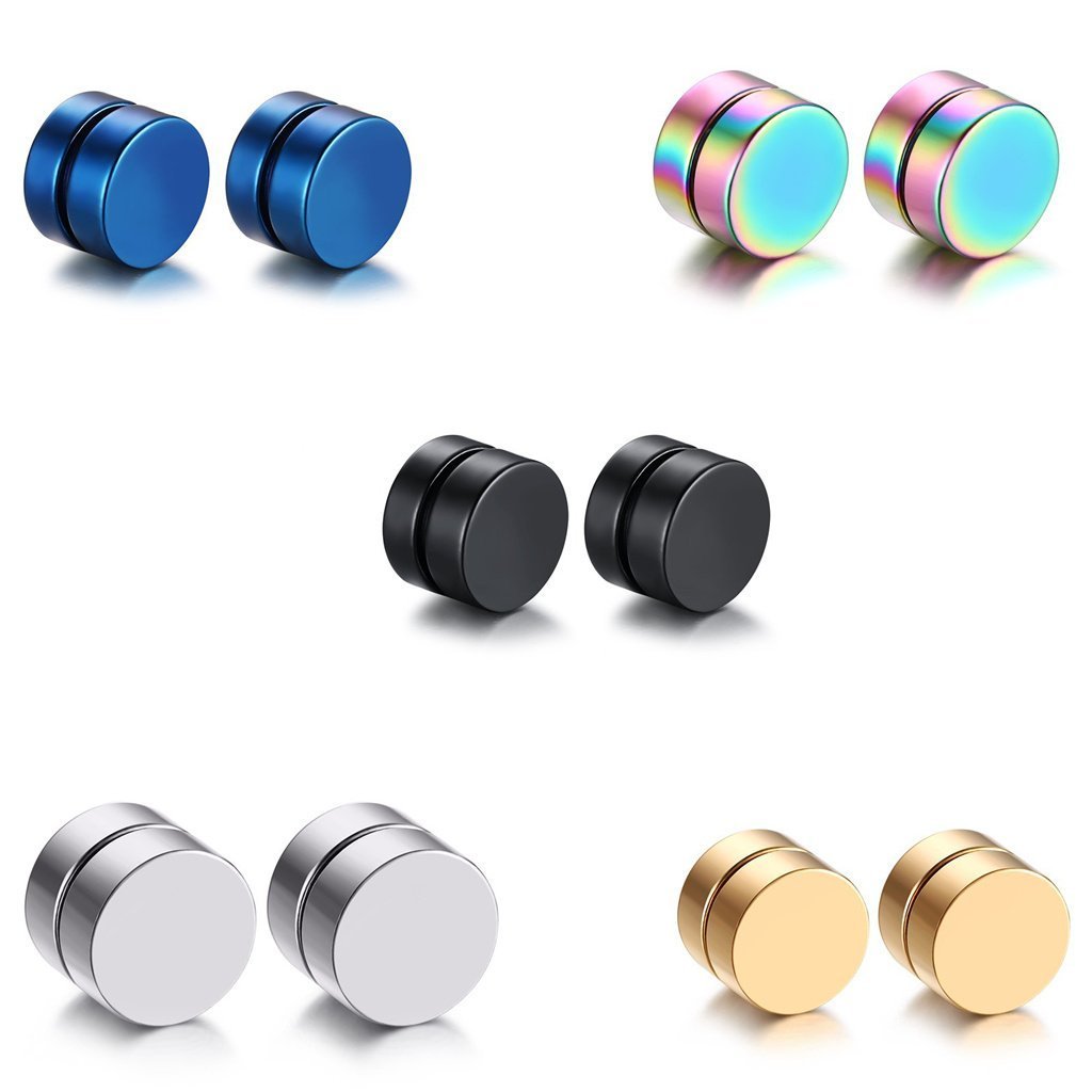 Jaetech House 5 Pairs Stainless Steel Round Magnetic Fake Piercing Earring for Men Women Stud Clip 8mm Stainless Steel Without Stone