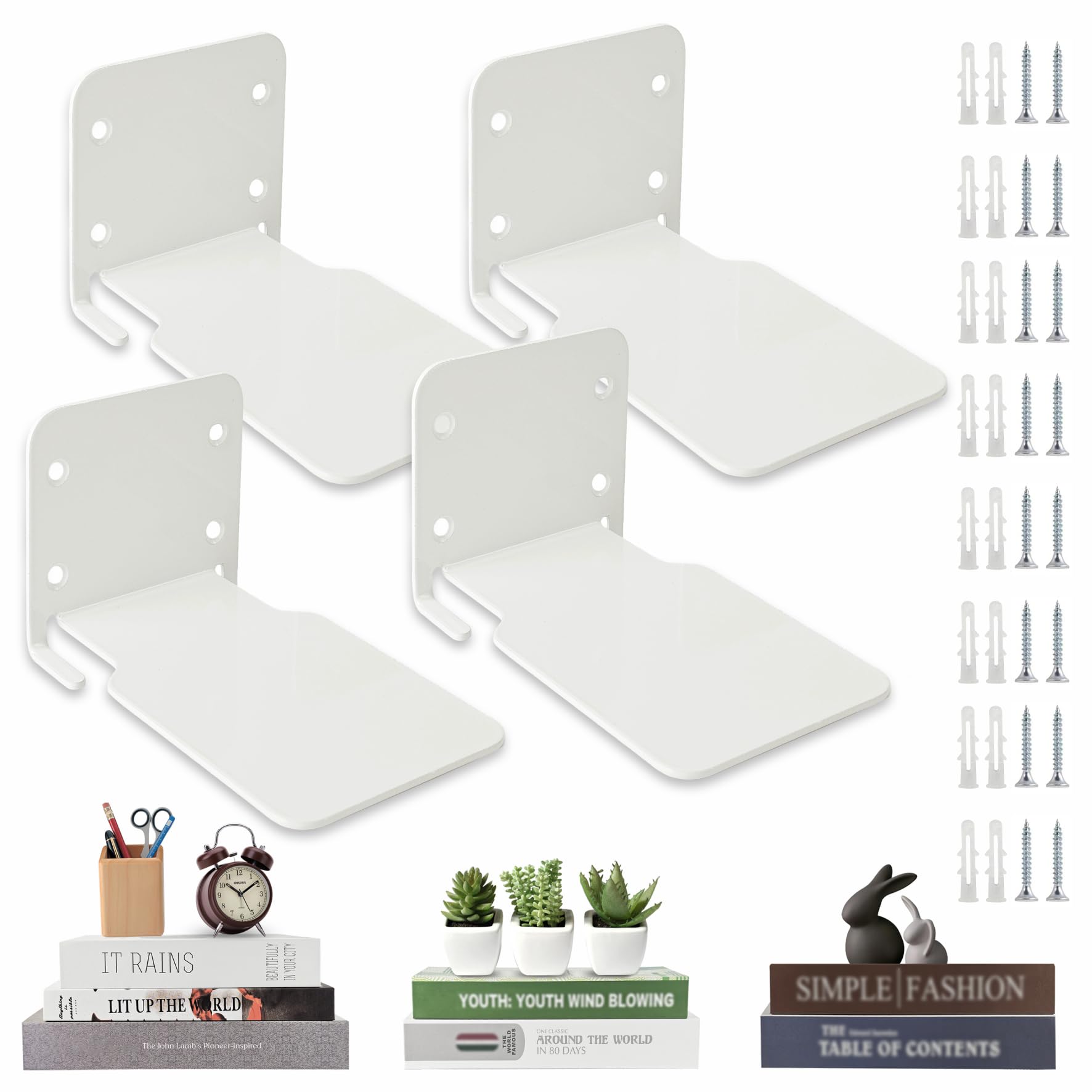 Moco Moment Floating Bookshelf Wall Mounted Bookshelf Invisible Bookshelves Metal Book Shelves Wall Mounted Storage Creative Decoration Book Display (White, 4 Pack)