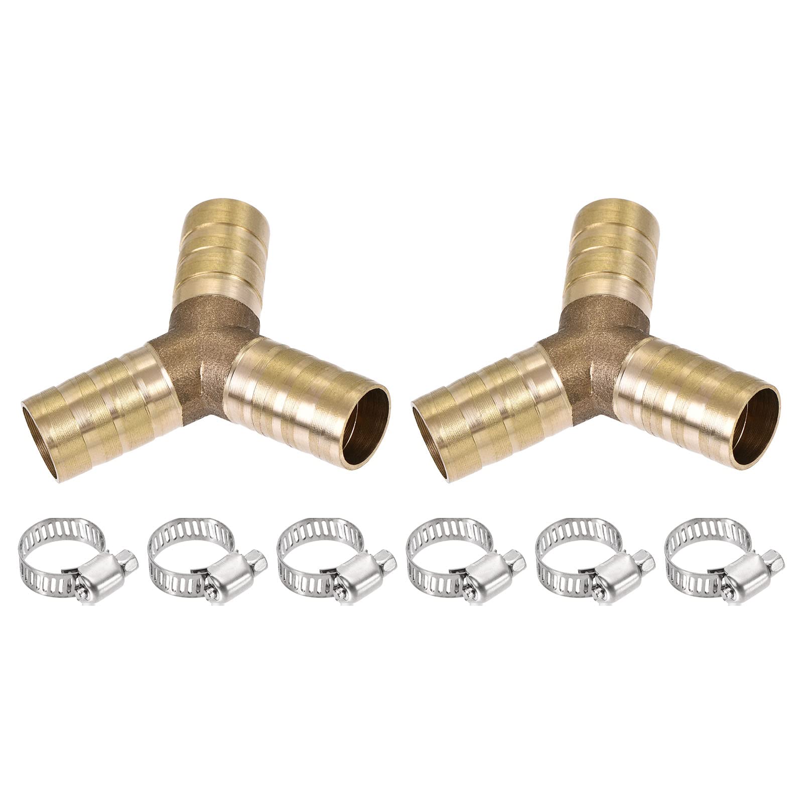 M METERXITY 2 Pack Barb Hose Fittings - 12mm OD Brass Hose Fitting Pipe Connector with Hose Clamps Apply to Water Fuel (Y Shaped 3 Way)