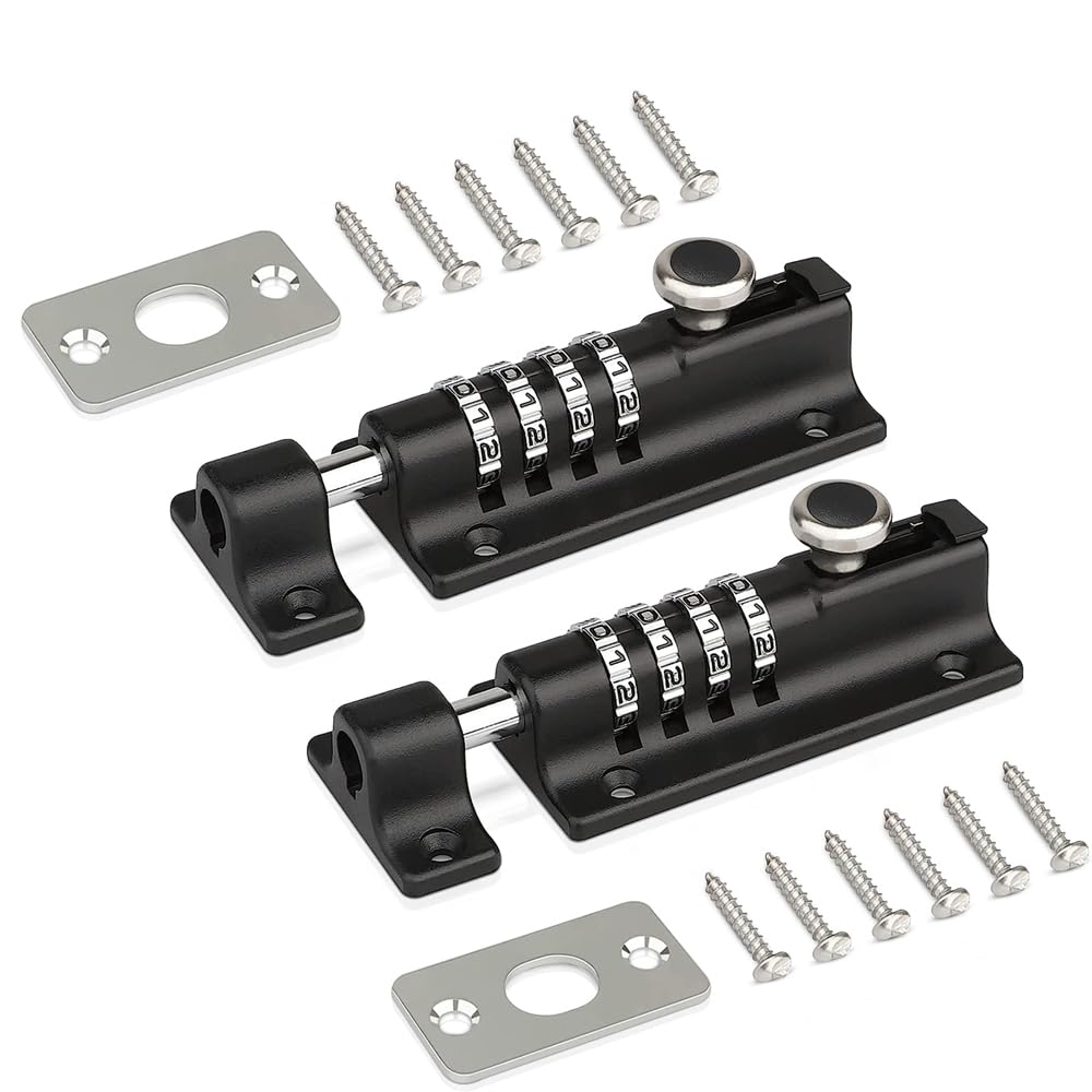 2 Sets Door Lock Bolt Combination Lock, Heavy Duty Sliding Gate Lock for Wooden Gates, Stainless Steel & Anti Tampering Screws, Combination Bolt Lock for Doors, Kennels, Barns, Sheds, Warehouses Etc
