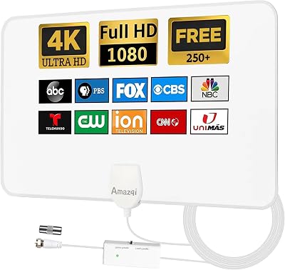 Amazqi Indoor TV Aerial 250+ Miles 4K Freeview Signal Booster 5M Cable White