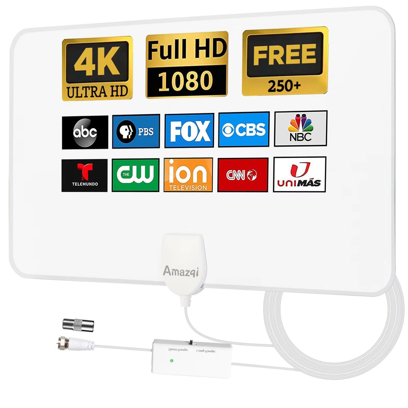 Amazqi TV Aerial Indoor 250+ Miles Long Range,Digital TV Aerial for Freeview TV,4K TV Antenna with Signal Booster and 5M Cable - for Local Channels - White