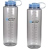 Nalgene Silo 48oz Tritan Grey W/Blue Top Wide Mouth Bottle, 2 Bottle Pack, 11.3 Inches Tall by 3.5 Inches in Diameter