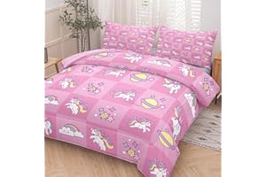 Tailor Shop Pink Twin Bedding Sets for Girls Kids Unicorn Comforter Set for Girls Unicorn Chessboard Room Decor Bed Set with 1 Pillowcase