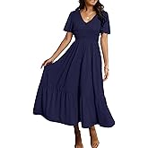 Simplee Womens Summer Smocked Flowy Dress - Casual Flutter Sleeve Tiered Boho Maxi Dresses with Pockets
