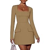 ZESICA Women's 2026 Spring Long Sleeve Bodycon Mini Dress Casual Square Neck Slim Fit Cocktail Party Short Dresses