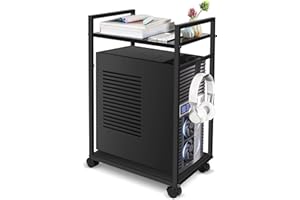 Liitrton PC Stand Computer Tower Stand 2-Tier CPU Stand with 2 Hooks and Locking Caster Wheels Under Desk for Office Home (S)