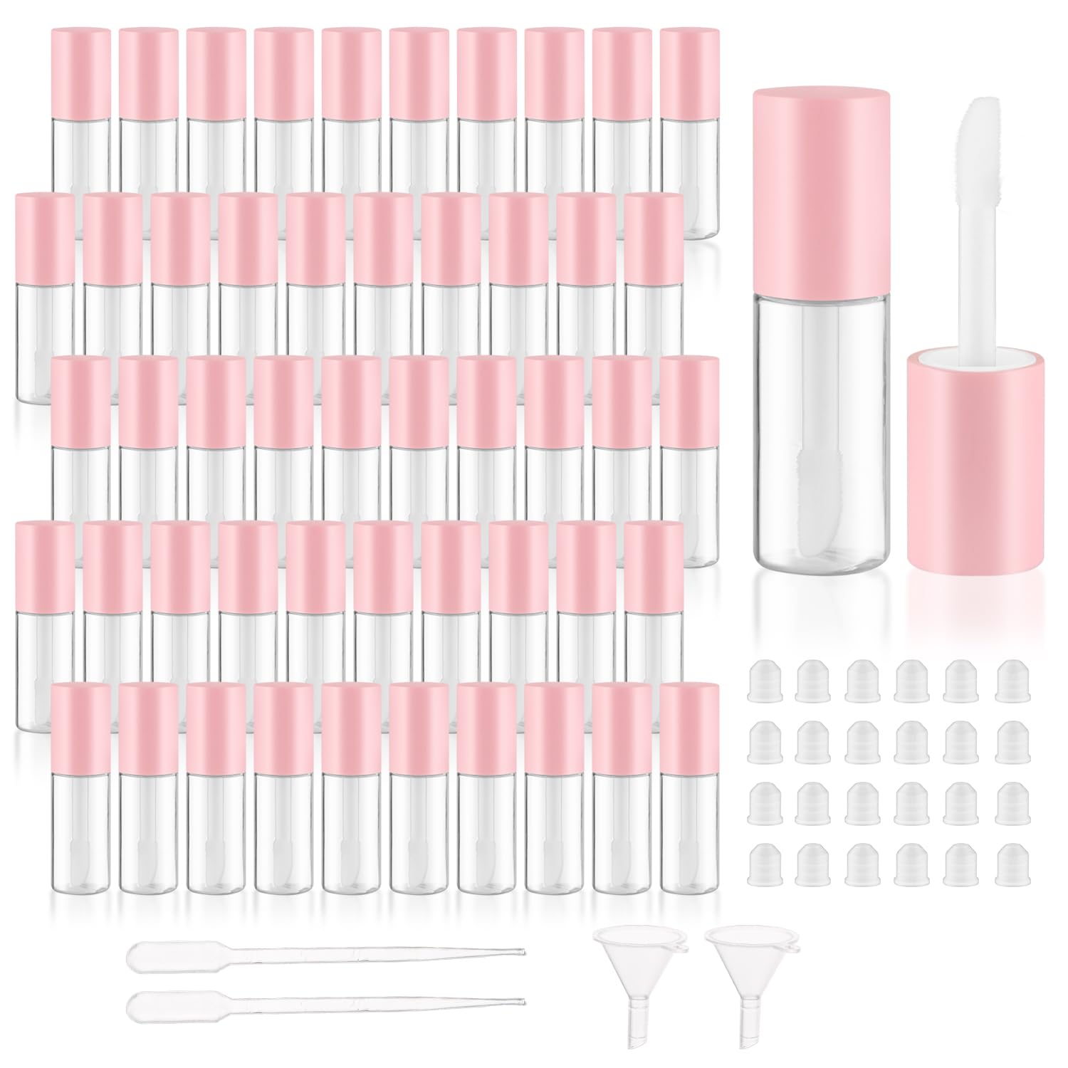 Photo 1 of *USED missing bottoms* DynnnDy 50Pcs 3ml Empty Lip Gloss Tubes with Brush Refillable Cute Lip Balm Bottles Bulk Transparent Cosmetic Sample Containers for DIY Lipstick Eyelash Growth Liquid,Pink Cap