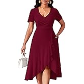 MarryUP Women's Summer Casual Dress Wrap Short Sleeve Semi-Formal Ruffle Hem Ladies Dress for Wedding Guest