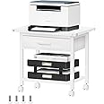 Lerliuo Under Desk Rolling Printer Stand with Drawer, 2-Tier Industrial Mobile Printer Table Desk with Storage Shelf and Steel Frame, Printer Cart Holder with Lockable Wheels for Home, Office (White)