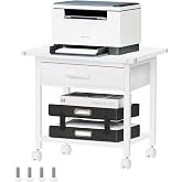 Lerliuo Under Desk Rolling Printer Stand with Drawer, 2-Tier Industrial Mobile Printer Table Desk with Storage Shelf and Steel Frame, Printer Cart Holder with Lockable Wheels for Home, Office (White)