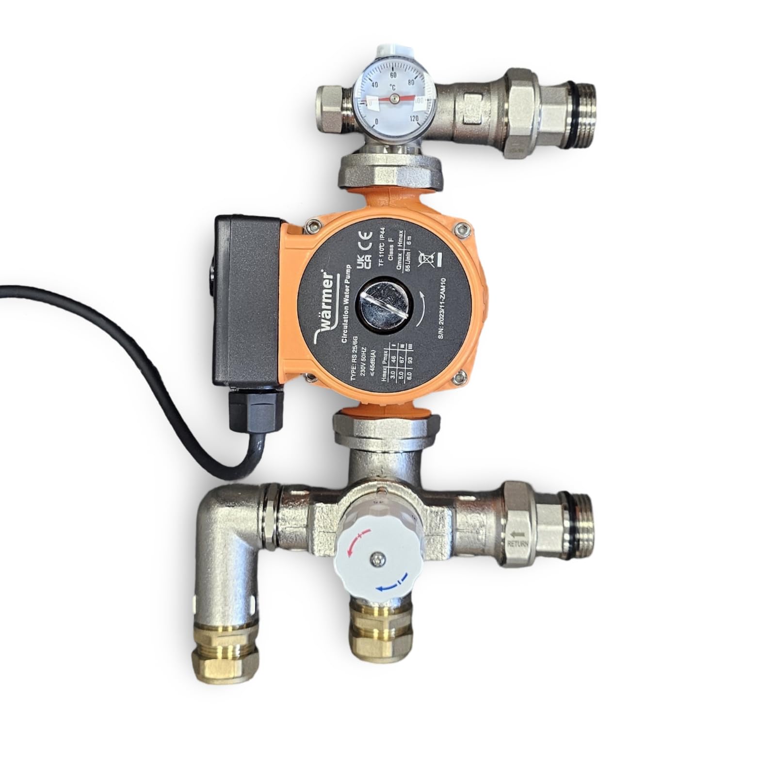 Wärmer System Underfloor Heating Pump & Mixing Valve Kit with Thermostatic Control (35-60°C), Cast Iron Housing, Orange/Silver