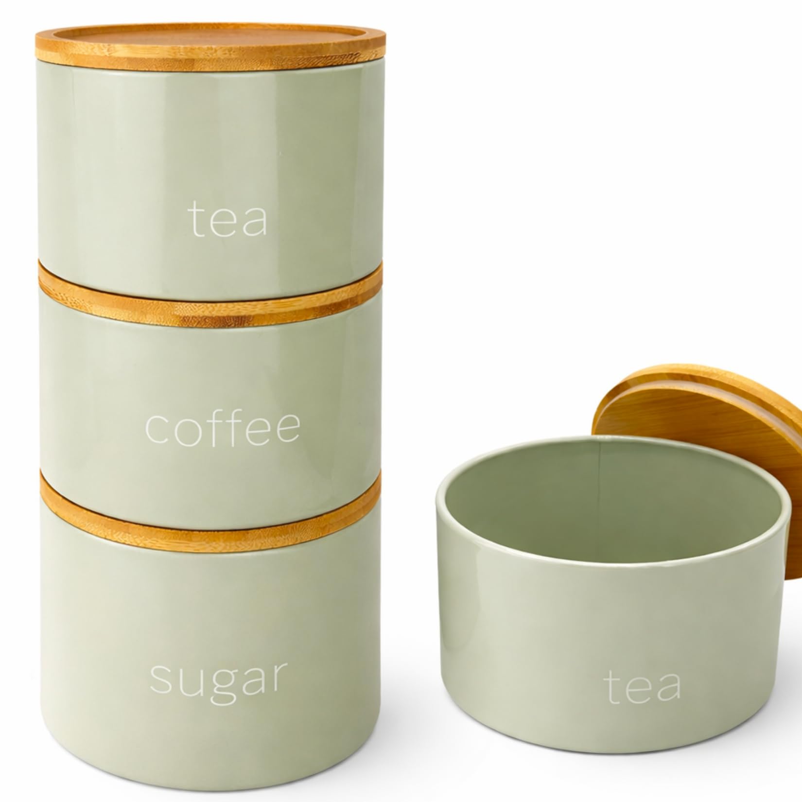 3 Pieces Jar with Wooden Lid Tea Coffee Sugar Canister Storage Container Bowl Pots Kitchen Storage Tins (Sage)