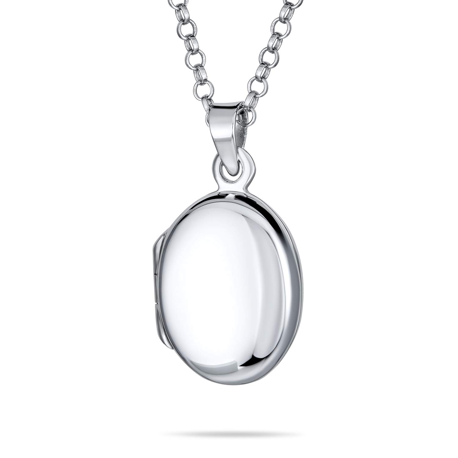 Bling Jewelry Petite Simple Plain Flat Oval Photo Lockets Necklace Pendant for Women and Teens Polished .925 Silver Small Locket That Holds Pictures