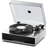 1 by ONE Record Player with Built-in Speakers, Stainless Steel Casing Turntable with DSP, AT-3600L Cartridge, Adjustable Counterweight, 33/45 RPM Vinyl Support, Phono/Line Output