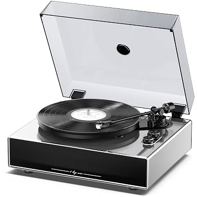 1 by ONE Record Player with Built-in Speakers, Stainless Steel Casing Turntable with DSP, AT-3600L Cartridge, Adjustable Counterweight, 33/45 RPM Vinyl Support, Phono/Line Output