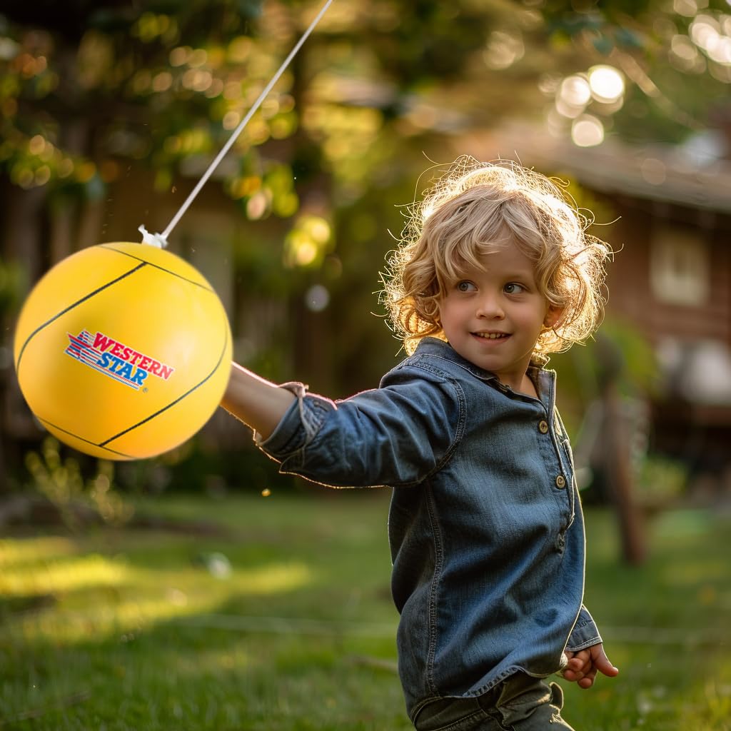 Western Star Tetherball Game Set - Classic and Original - Soft-Touch Tether Ball with 2 Durable Attached Ropes - Indoor, Outdoor, 4 Colors - Easy Attach & Play - Classic Family Outdoor Game for Kids
