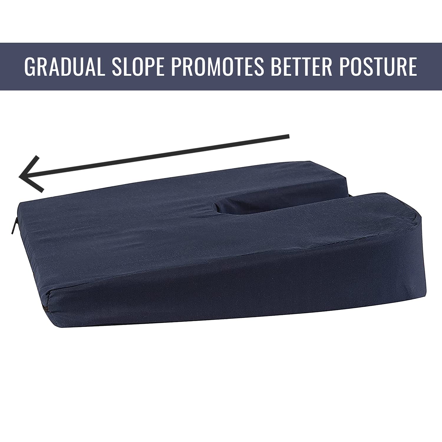 DMI Gradual Slope Seat Cushion for Coccyx, Sciatica and Tailbone Pain Used With Dining Room Chairs, Desk Chairs, Thin Car or Wheelchair Cushions, Machine Washable-Cover, 15 Inch, Navy