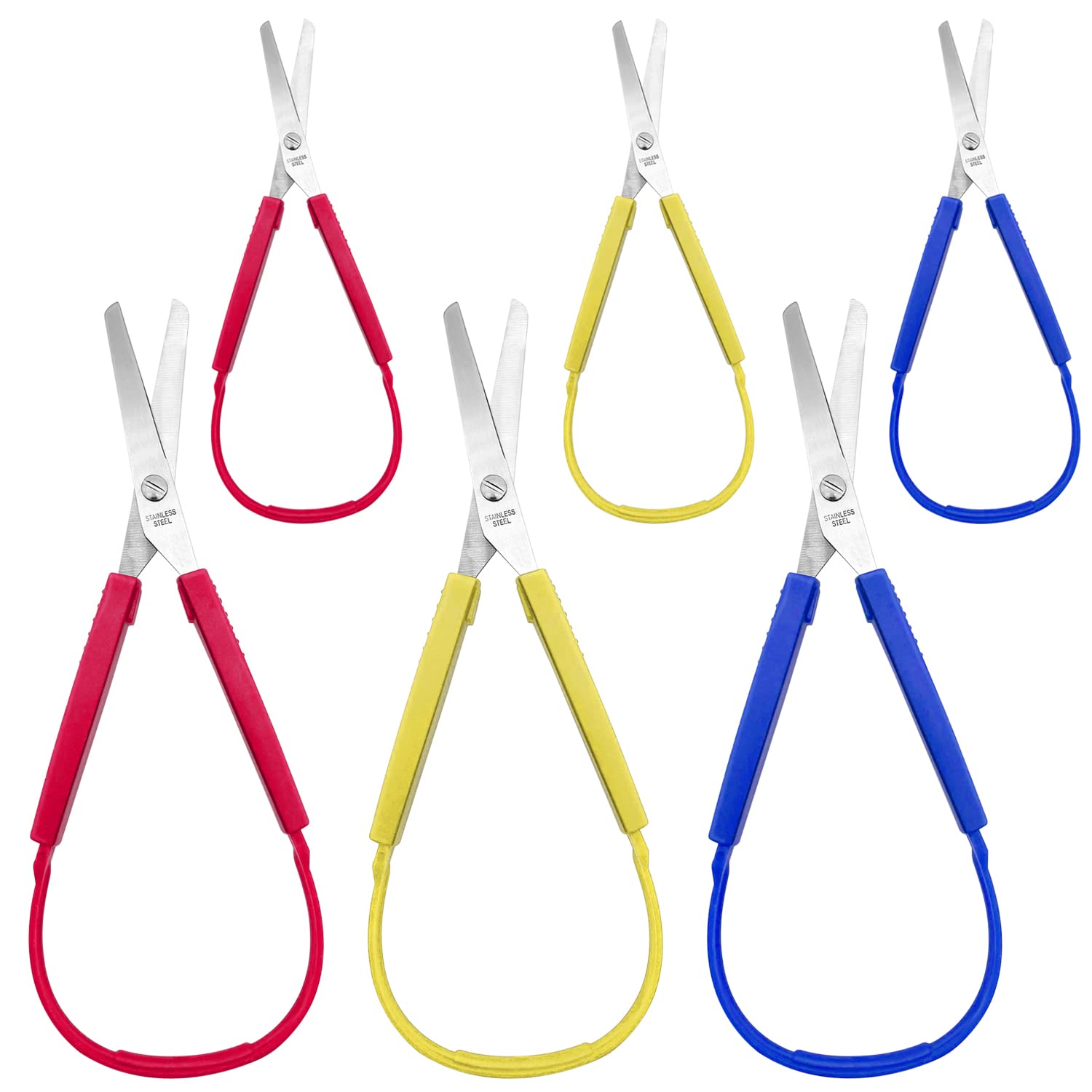 6 Pcs Loop Scissors, 5.5/8 inch, Spring Scissors Mini Training Loop Scissors for Special Needs Supplies Children Teen Adult Elderly, Adaptive Design, Right & Lefty Support, Easy-Open Squeeze Handles