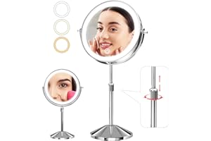 Omobolanle 7" Lighted Makeup Mirror, 10X Magnifying Mirror with Light 360° Rotation Double Sided Mirror with 3 Color Lights Brightness & Height Adjustable Rechargeable LED Light Up Mirror Silver