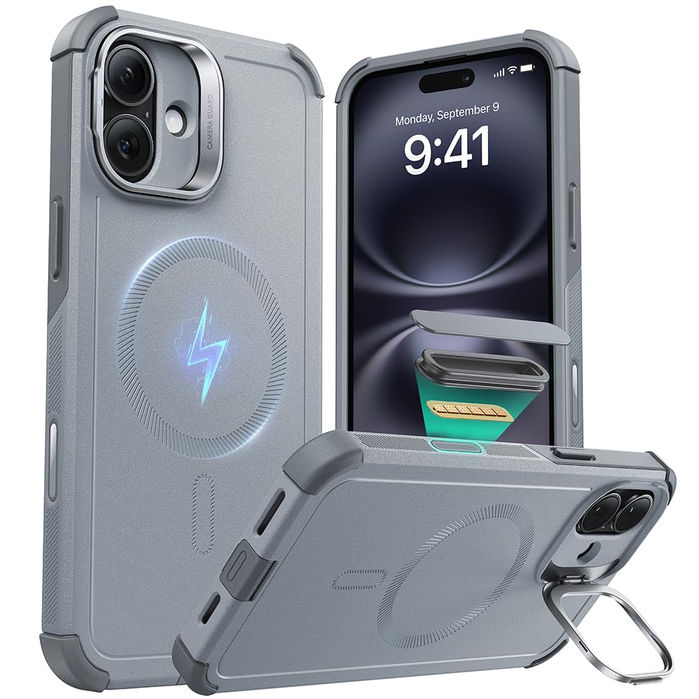 ESR for iPhone 16 Plus Case with Stash Stand, Camera Control, 23FT Military-Grade Shock-Absorbing Drop Protection, Compatible with MagSafe Accessories, Magnetic Cyber Series, Light Grey
