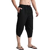 LINMYZAI Men's Linen Yoga Pants Casual Beach Loose 3/4 Harem Trousers Summer Elastic Drawstring Capri Pants