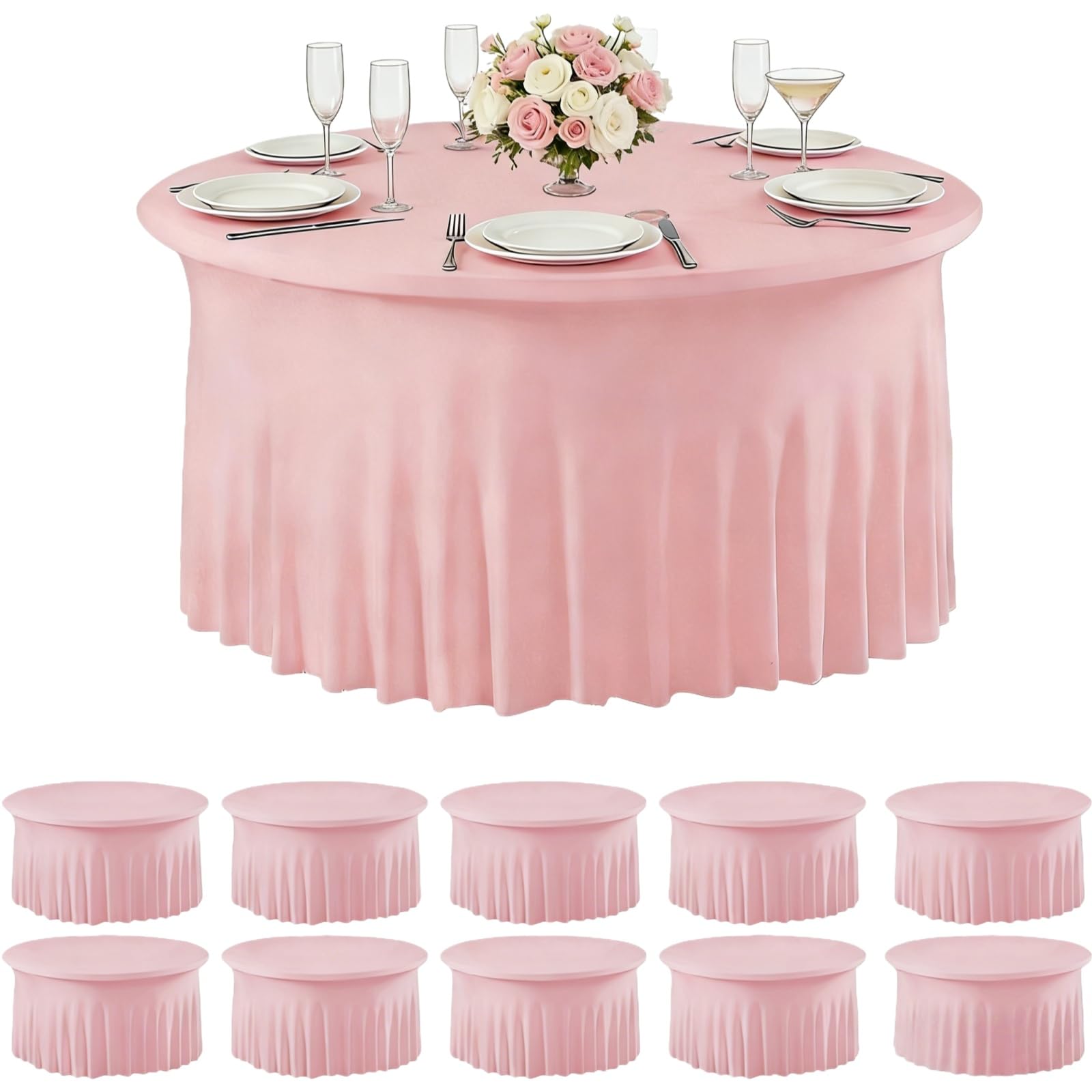 Photo 1 of 10 Pack Pink Spandex Round Tablecloths for 60inch Tables, 120 Inch Stretchy 5ft Round Fitted Tablecloth Wrinkle Free Washable Table Cloths Table Covers with Skirt for Wedding Party Birthday Banquet