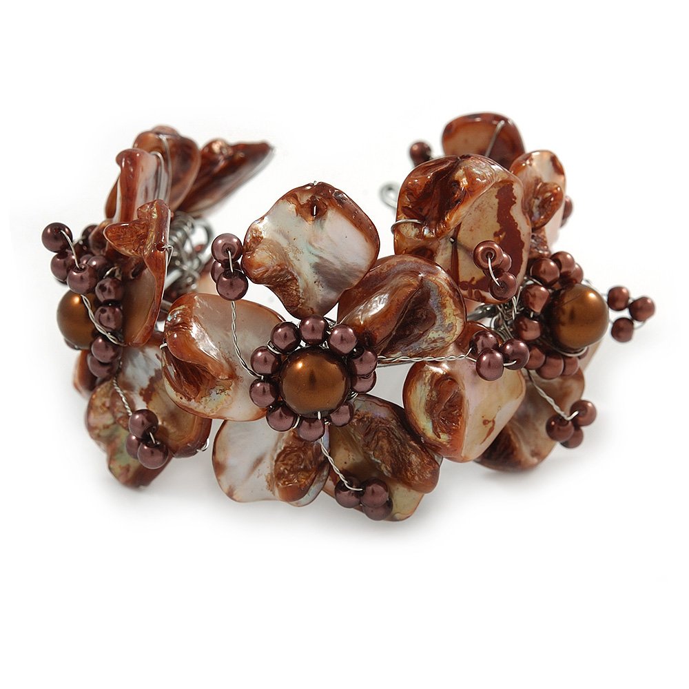 Avalaya Chestnut Brown Floral Sea Shell & Simulated Pearl Cuff Bracelet (Silver Tone) - Adjustable
