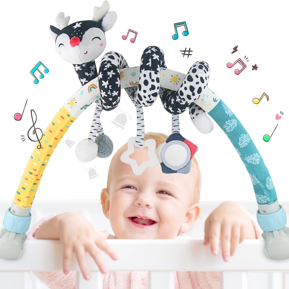 caterbee Baby bjorn bounce arch toy bar, Black and White with Stretch & Spiral Hanging Activity Set, Adjustable Clamp for Strollers, Cribs & Car Seats, Includes Rattles, Squeaker & Teether (CT01)