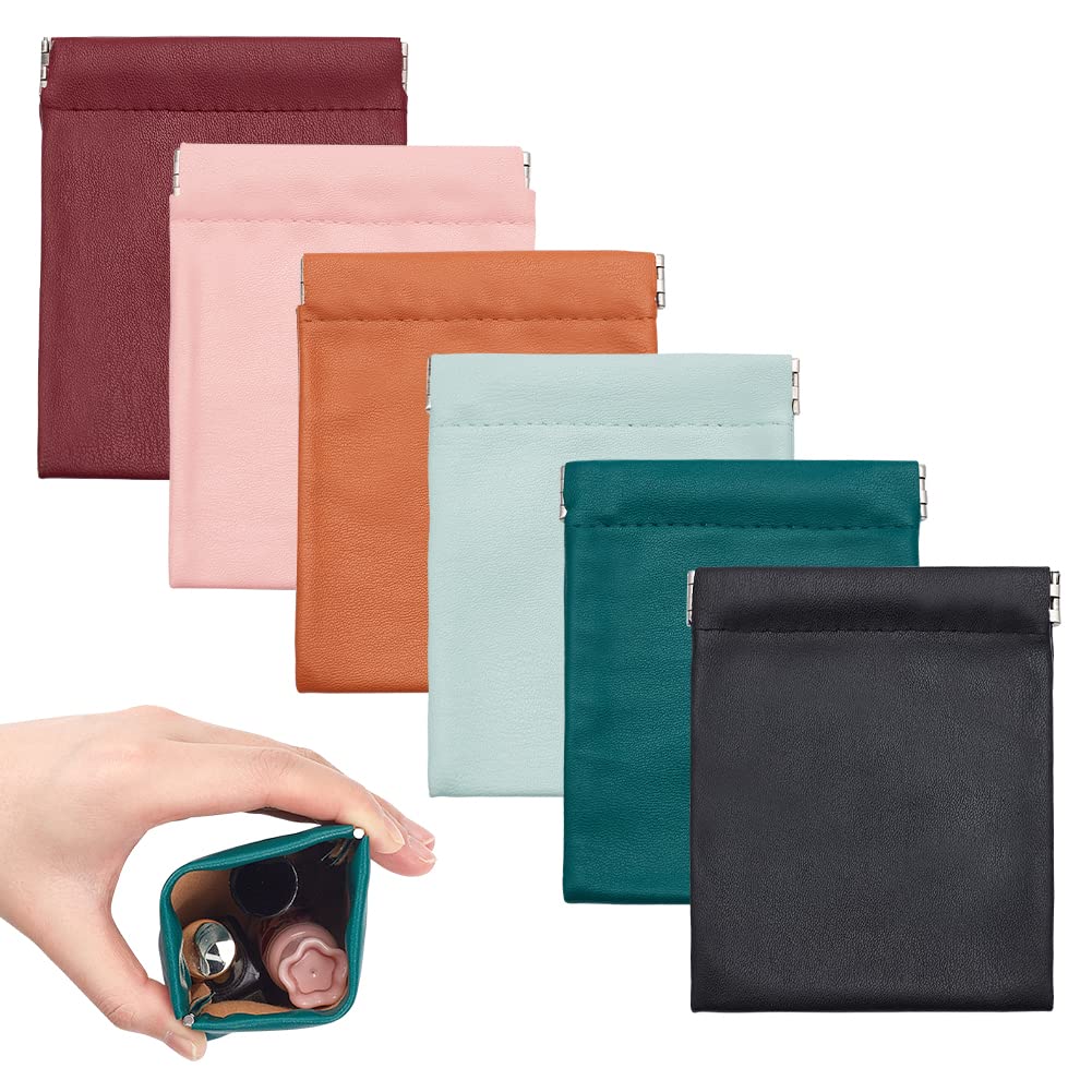 NBEADS 6 Pcs 6 Colors Pocket Cosmetic Bag, 11.7x10cm No Zipper PU Leathe Makeup Pouch Portable Self-Closing Jewelry Storage Bags Waterproof Travel Storage Bag for Cosmetics Earphones Jewelry Packing