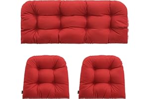 YOOZEKU Outdoor/Indoor All Weather Tufted Wicker Chair Cushions of 3 Pieces, 1 Loveseat and 2 U-Shape Waterproof Cushions for Patio Furniture,Wicker Loveseat,Bench-Red