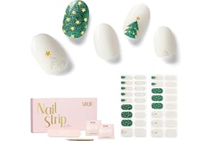 Nailog Semi Cured Gel Nail Strips Christmas 34 pcs| Long Lasting Nail Polish Sticker Wraps with Glossy Gel Finish, Twinkling Trees