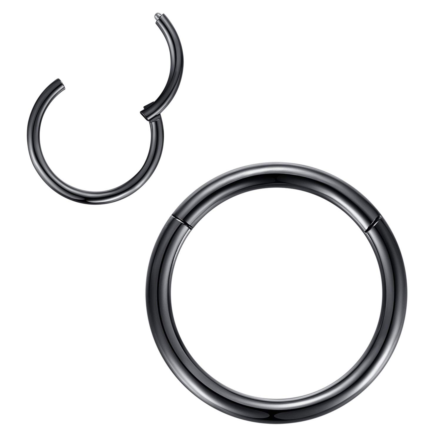14g Hoop Nose Rings for Men and Women 12mm Nose Hoop 14 Gauge Nose Ring Hoop Black Septum Clicker Hinged Ring 316L Surgical Steel Black Body Piercing Earrings for Cartilage Helix Ear Lobe Daith Rook
