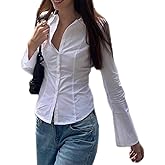 Mxiqqpltky Long Sleeve Button Up Shirt Women Slim Fit Button Down Crop Top Shirts Y2K Going Out Vintage Collared Blouses