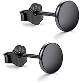 Black Stud Earrings for women 925 Sterling Silver Dot Studs 3mm-8mm Options, Flat Round Disc Earring for men Hypoallergenic Jewelry
