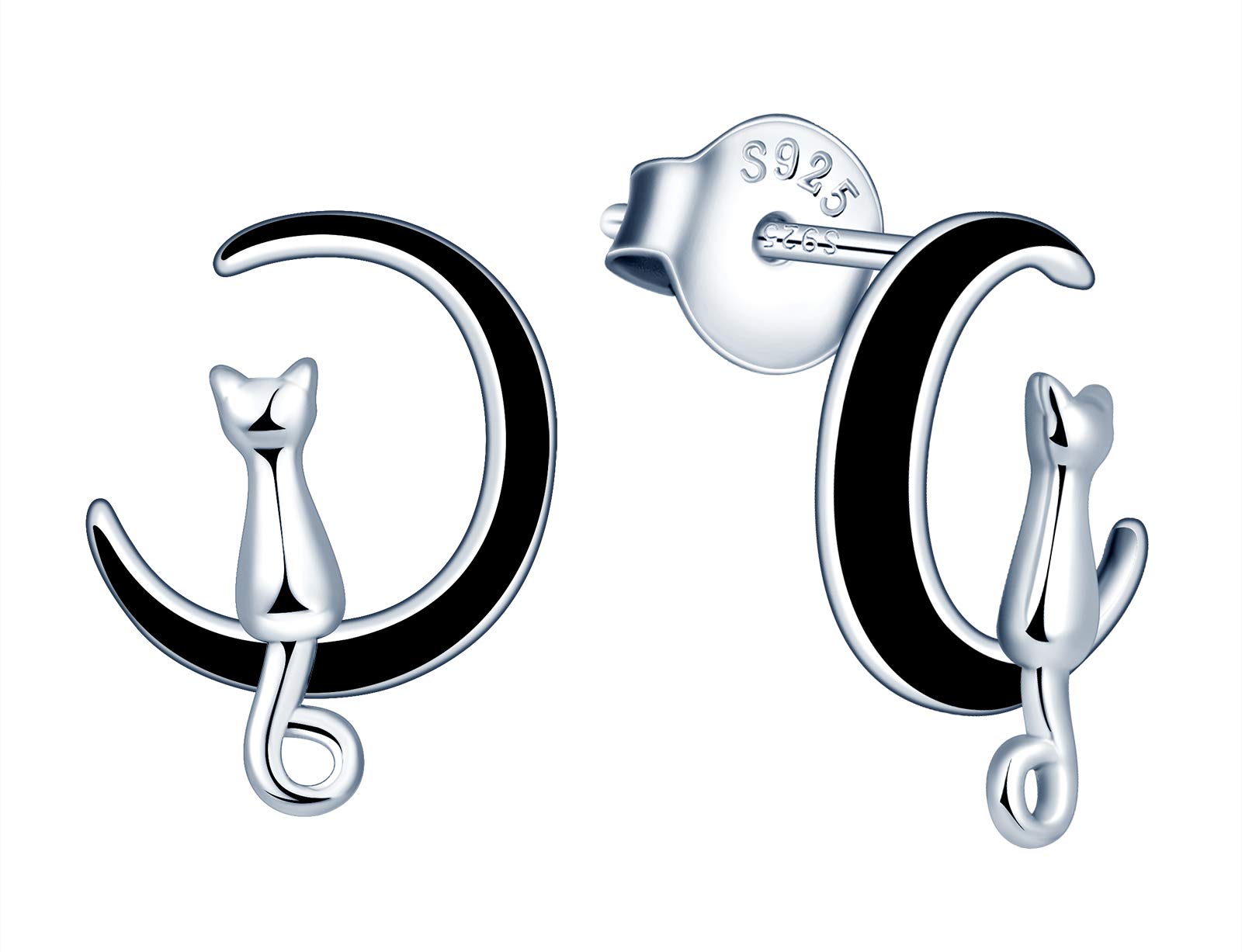 MicVivien Cat on the Moon Stud Earrings 925 Sterling Silver Kitten Black Crescent Moon Stud Earrings for Womens Girls