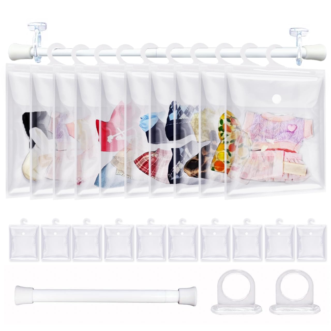 Photo 1 of 10 Pack Clear Doll Clothes Storage Bags with Hanging Rod & Hooks, Compatible with Labubu Clothes - PVC Transparent Organizer Set for Dolls, Space-Saving Wardrobe System