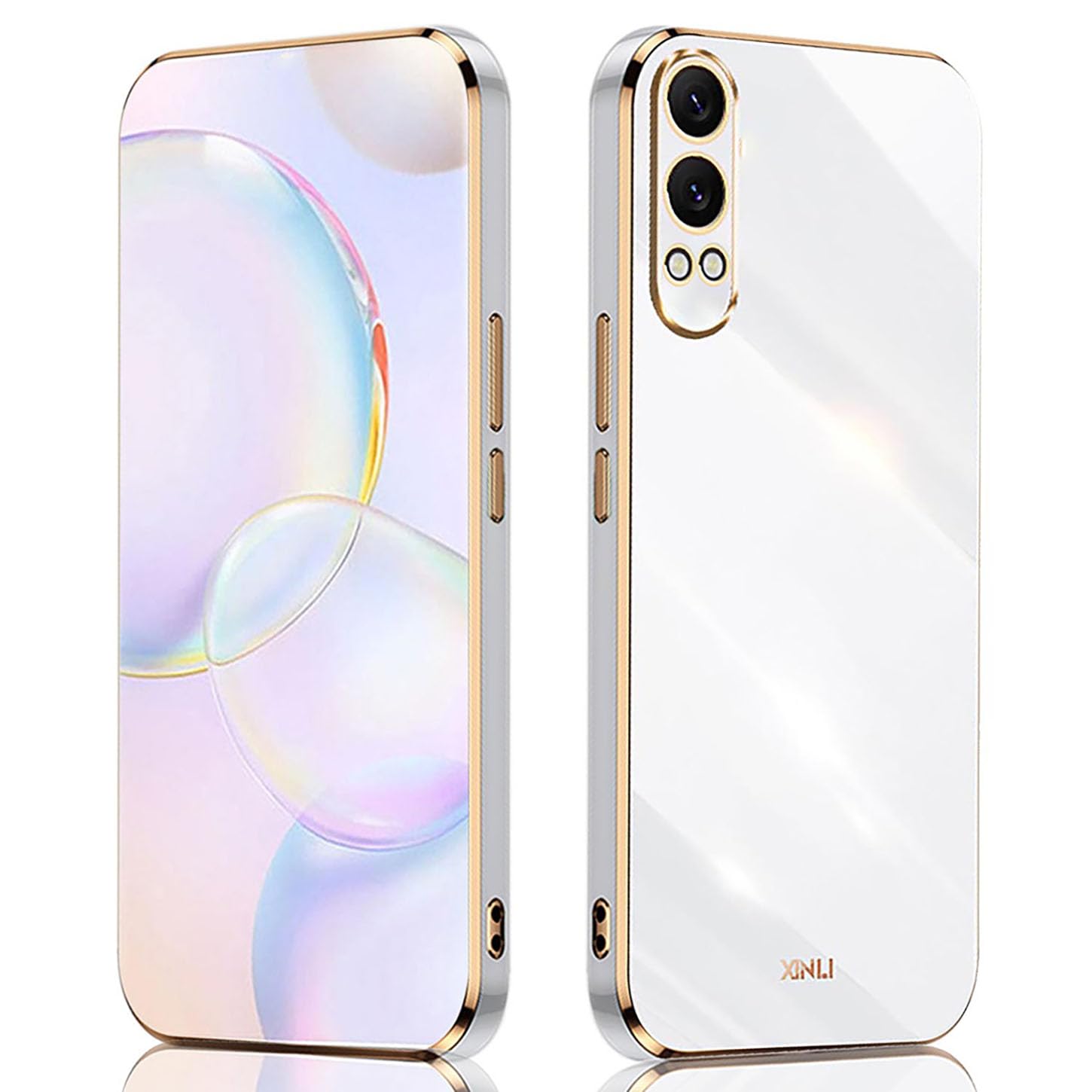 ILING Case for OnePlus Nord CE 4 Lite 5G, Simple Solid Color Back Electroplated Gold Edging Design Soft TPU Shockproof Protective Ultra-thin Phone Case Cover (White)