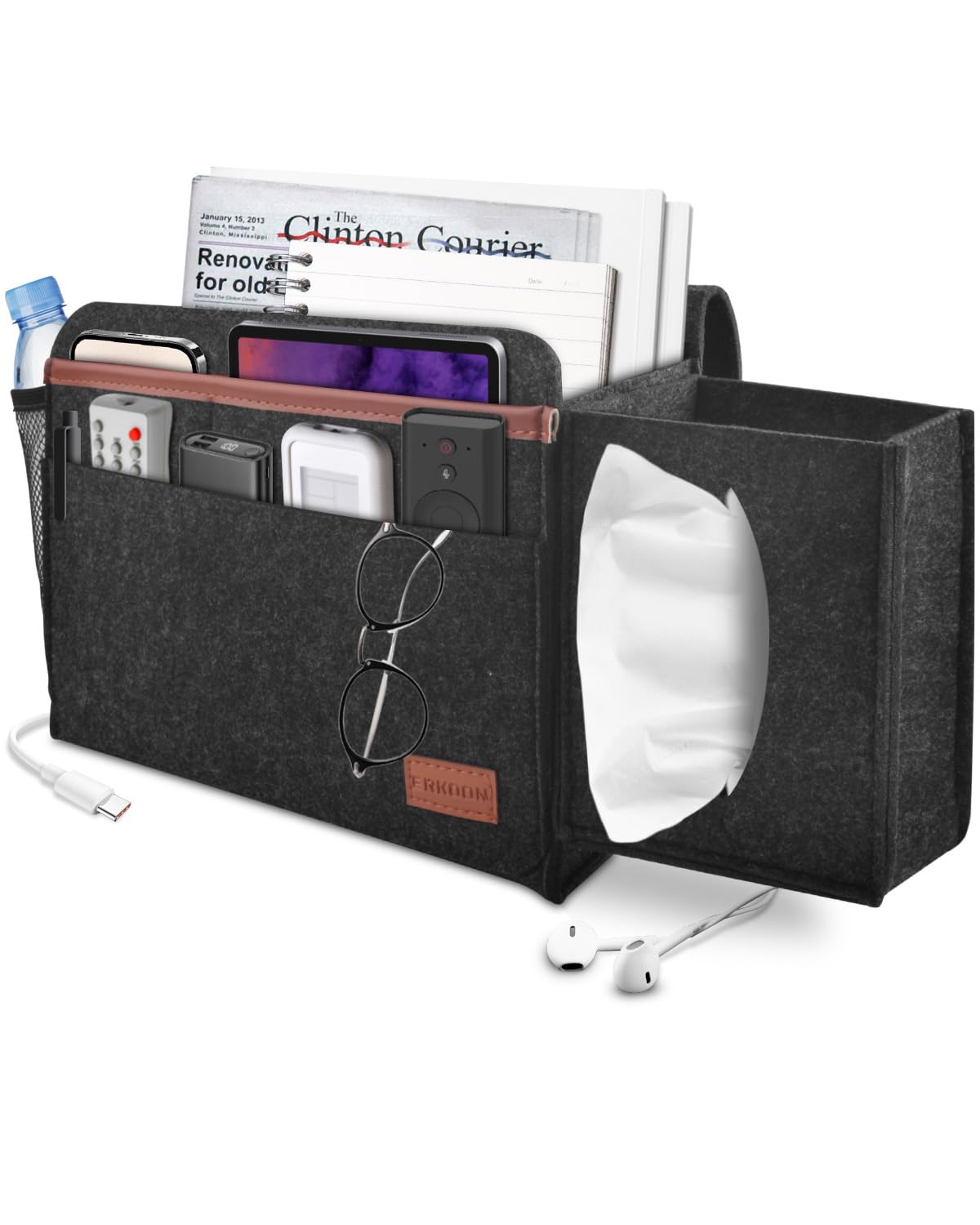 Bedside Storage Pocket, Felt Bedside Caddy Thicker Bed Sofa Bedside Hanging Storage Organizer Bag Holder with Pocket for Books, Tablet, TV Remote Control, Phone, Accessories (Grayish Black)