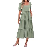 KIRUNDO Women Summer Dresses 2025 Spring Fashion Boho Puff Sleeve Square Neck Pocketed Loose Fit Tiered Flowy Maxi Dress