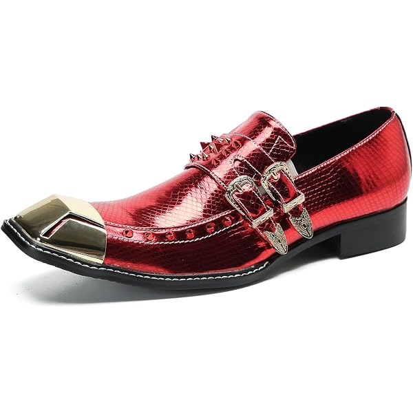 Santimon Mens US 10 Red Genuine Leather Dress Loafers Metallic Cap Slip On Shoes Santimon Mens Velvet Penny Loafers Slip-on Metal Buckle  main image 4
